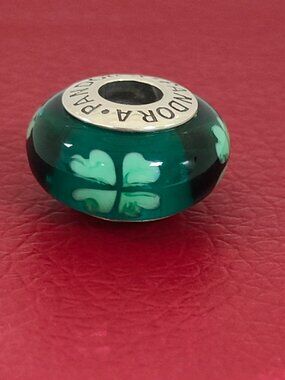 Pandora Lucky Clover Green Murano Glass Charm Bead with box